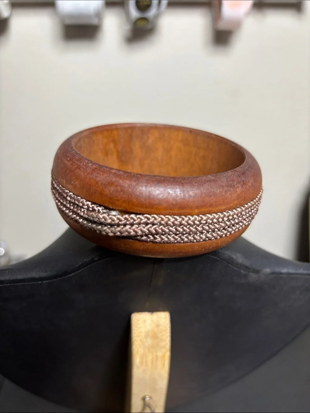 Wood Boho Bangle Bracelet Braided Rope Inlay - Brown Western Statement